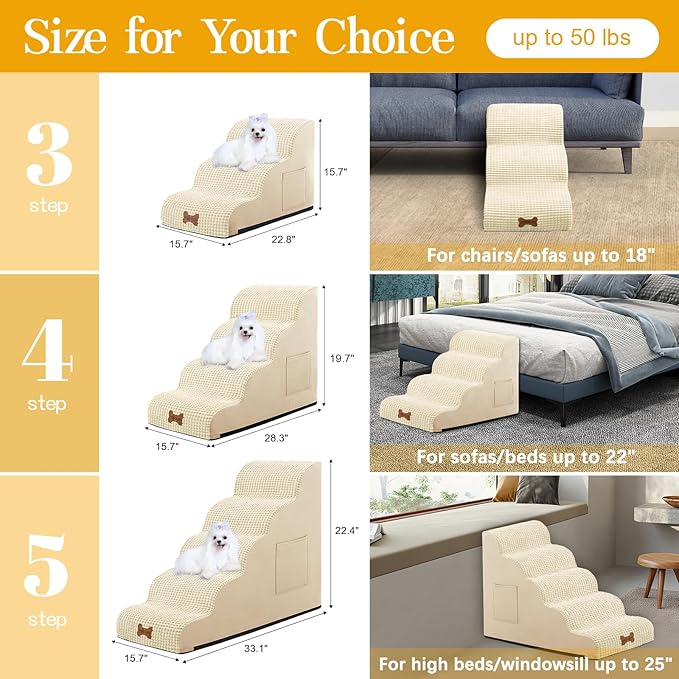 Dog Stairs for Small Dogs, Wide Pet Step with Removable Cover, No Assembly High Density Foam Cat Ramp for Bed or Sofa, 4-Step, Beige