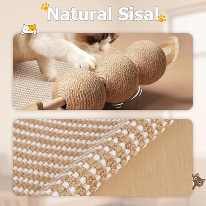 Extra-Larger Sisal Cat Scratcher Bed with Ball, 3-in-1 Cat Scratching Pad with Hammock, Natural Sisal with Solid Wood Frame Cat Scratch Post for Indoor Cats Lounger & Sleep & Scratch(Natural)
