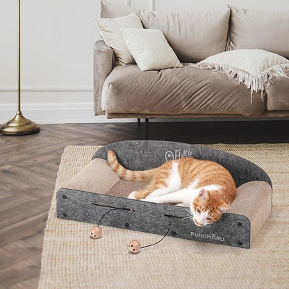 FUKUMARU 26 Inch Large Cat Scratcher Bed, 2 Reversible Cardboard Cat Scratch Pads Refill for Indoor Cats, Durable Cats Scratching Bed Sofa Couch Lounger with Fun Toys, Furniture Protector, Grey