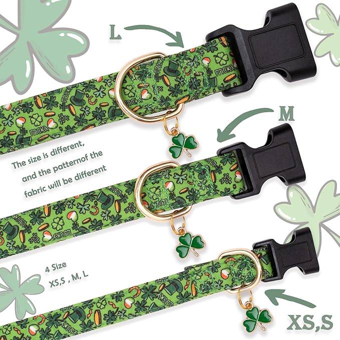 Faygarsle St Patrick's Day Dog Collar Cute Holiday Collar for Small Medium Large Dogs Green Trefoil Print Lucky Straw Cotton Dog Collar S