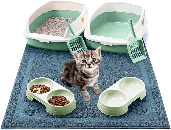 Sliner 7 Pcs Kitten Litter Box Starter Kit, 2 Plastic Small Kitty Litter Box Training Low Entry with Scoop, 2 Double Cat Bowl and Mat for Kitten Indoor(Green)