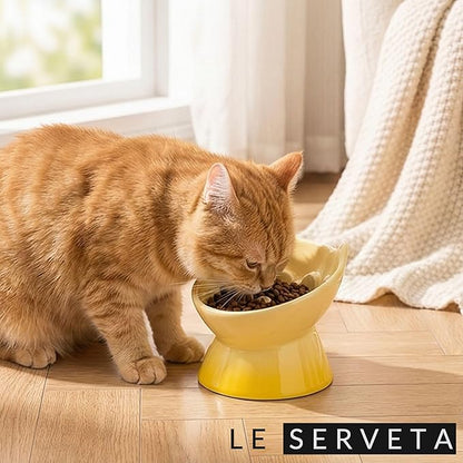Macarons Series Ceramic Slow Feeder Cat Bowl, Raised Puzzle Feeder, Anti Vomiting Cat Slow Feeding, Elevated Food Bowl, Whisker Friendly Pet Bowl with Cute Ear Design (Gradient Yellow)