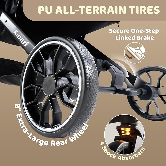 All-Terrain Dog Stroller for Small to Medium Dogs, Pet Stroller for Dogs & Cats Outdoor Walks, One-Hand Easy Fold, Double-Layer Anti-UV & Waterproof Canopy & Breathable Mesh, Mocha Brown