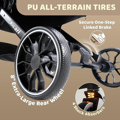 All-Terrain Dog Stroller for Small to Medium Dogs, Pet Stroller for Dogs & Cats Outdoor Walks, One-Hand Easy Fold, Double-Layer Anti-UV & Waterproof Canopy & Breathable Mesh, Mocha Brown