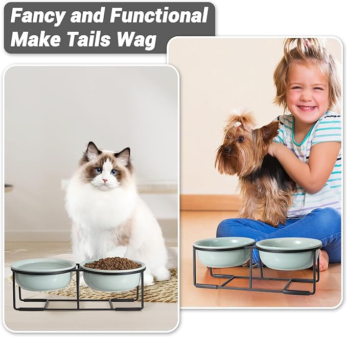 Ceramic Elevated Dog Bowl Set - Double Dog Food and Water Bowls with Metal Stand - Raised Pet Dishes for Puppies and Cats - 1 Cup - 13.5 fl oz - Green