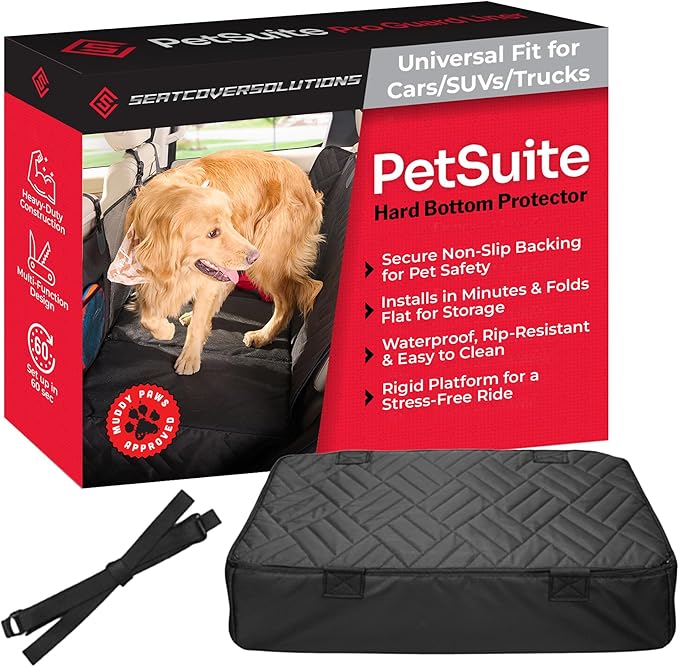 Hard Bottom Dog Car Seat Cover for Back Seat - PetSuite by Seat Cover Solutions- 300-lb Strength Pet Cover for Dogs with 40% Extra Space, Waterproof Nonslip Dog Hammock for Car Hard Bottom (SUV/Cars)