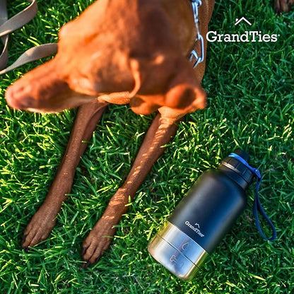 GrandTies Insulated Portable Dog Water Bottle with 2 Detachable Water Bowl Dispenser | Leak-Proof Dog Food Travel Container | Accessories for Dogs Walking, Hiking, Camping (32oz, Matte Black)