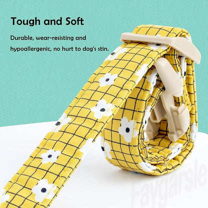 Faygarsle Floral Plaid Pattern Dog Collar, Yellow with White Flowers Summer Spring Design for Small Medium Large Dogs M