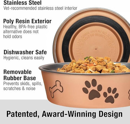 Loving Pets Bella Dog Bowls- Stainless Steel Dog & Cat Bowls - Spill Proof Dog Food Bowl, Cat Bowl, Puppy Essentials & Pet Supplies Great for Home & Travel (Large 35-65 lbs, Champagne)