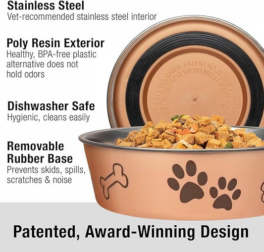 Loving Pets Bella Dog Bowls- Stainless Steel Dog & Cat Bowls - Spill Proof Dog Food Bowl, Cat Bowl, Puppy Essentials & Pet Supplies Great for Home & Travel (Large 35-65 lbs, Champagne)
