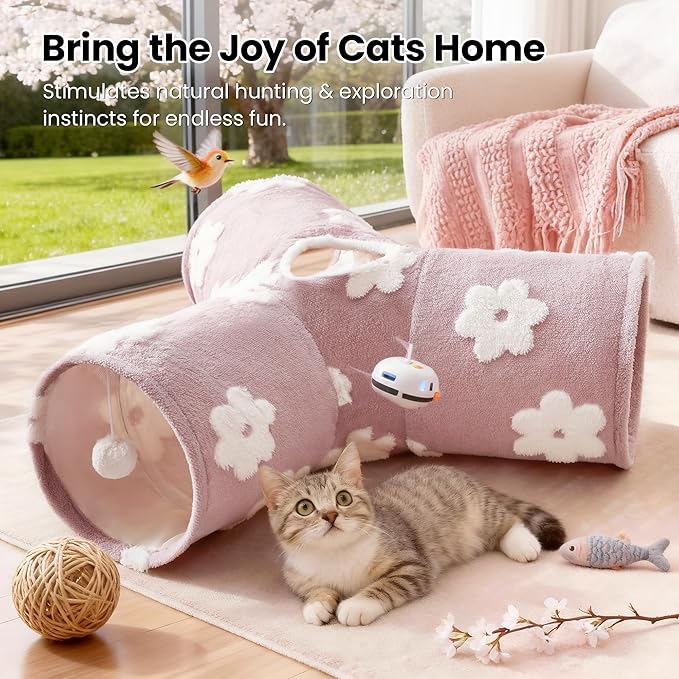 Tempcore Flannel Pet Cat Tunnel Tube Cat Toys 3 Way Collapsible, Cat Tunnels for Indoor Cats, Kitty Tunnel Bored Pet Toys Peek Hole Toy Ball Puppy, Kitty, Kitten, Rabbit Daisy Burlwood