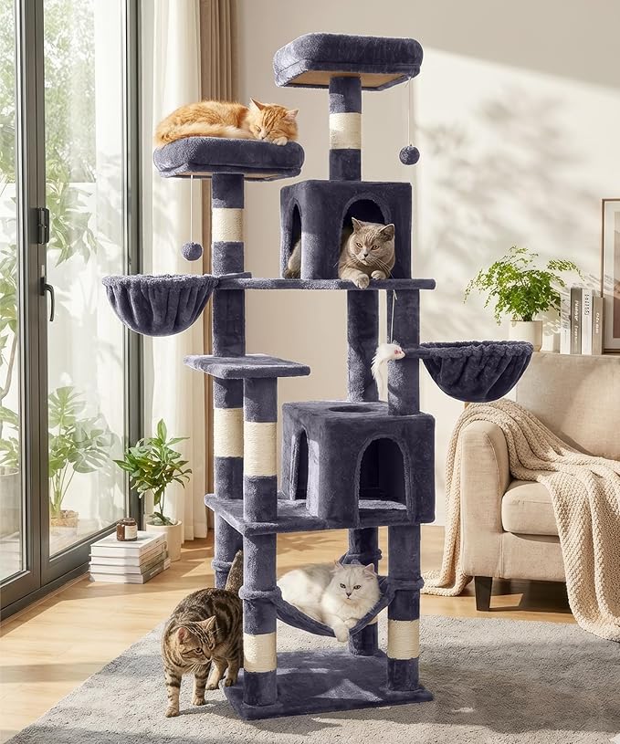 AMHANCIBLE Cat Tree, 70 Inch Cat Tower for Indoor Cats, Multi-Level Cat Tree with Scratching Post, Hammock, Hanging Basket, Large Cat Condos for Adult Cats Kittens, Dark Grey, PT18DG