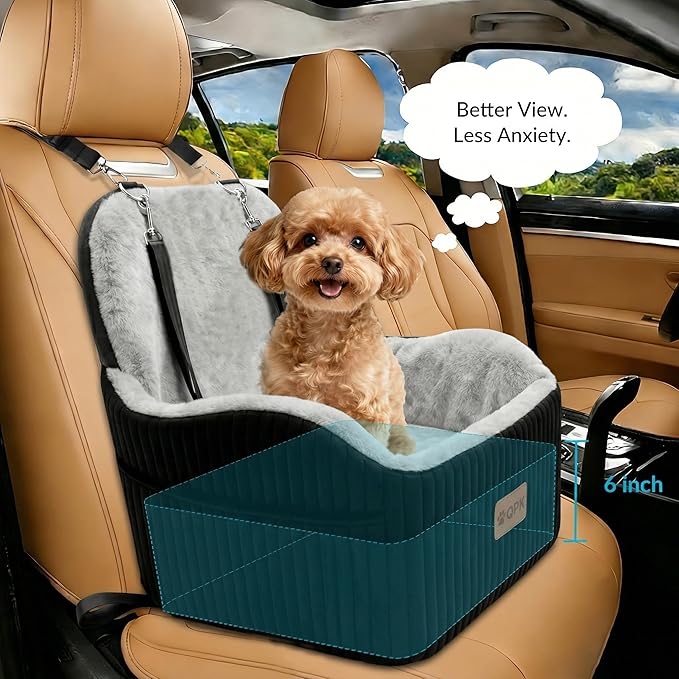 Dog Booster Car Seat for Small & Medium Dogs Up to 35 lbs, 6" Elevated Pet Car Seat with Safety Leash, Soft Plush Cushion, Non-Slip Bottom, Fits Front & Back Seat, Washable Cover