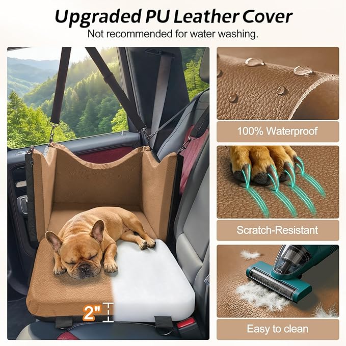 JOEJOY Dog Car Seats for Small Medium Dogs Under 35lbs, Waterproof PU Leather Dog Booster Seat with Detachable Cover, Thickened Memory Foam Pet Car Seat with Safety Belt and Storage Pockets