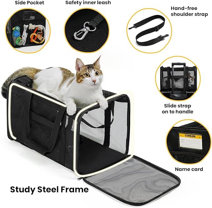 Cat Carrier Bag,Soft-Sided Pet Carriers for Dogs with 4-Sided Mesh,Airline Approved Cat Transport Carrier for Small&Medium Cats Kitten Puppy Up to 15Lb,Collapsible Cat Travel Carrier-M,Black