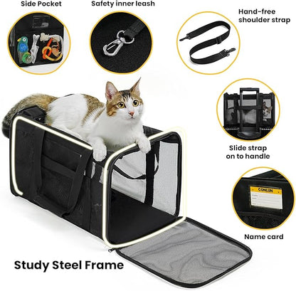 Cat Carrier Bag,Soft-Sided Pet Carriers for Dogs with 4-Sided Mesh,Airline Approved Cat Transport Carrier for Small&Medium Cats Kitten Puppy Up to 15Lb,Collapsible Cat Travel Carrier-M,Black