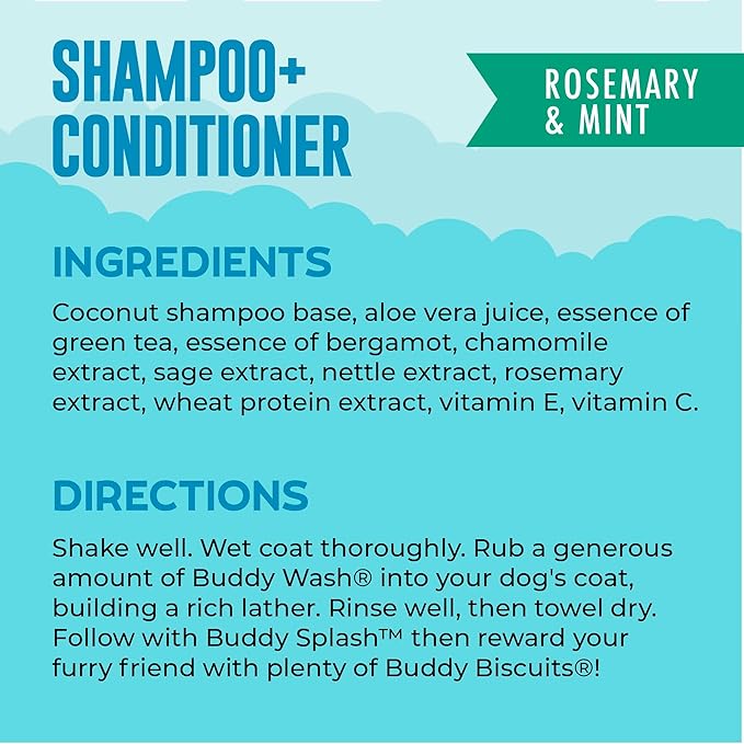 Buddy Wash 2-in-1 Dog Shampoo and Conditioner for Dog Grooming, Rosemary & Mint, 16 oz. Bottle