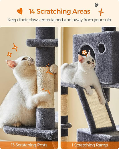 Feandrea Cat Tree, 81.1-Inch Large Cat Tower, Multi-Level Plush Condo with 13 Scratching Posts, 2 Perches, 2 Caves, Basket, Hammock, Pompoms, Smoky Gray UPCT190G01