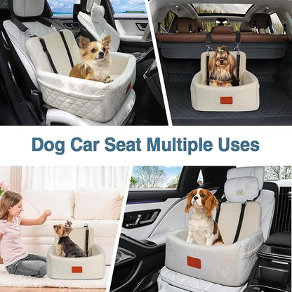 WOOAIDAGG Dog Car Seat for Under 30lbs Dogs,Comfy Febric Fill in Memory Foam,Washable and Detachable Pet Travel Car Bed,Anti-Slip Bottom,2 Safety Leashes & Storage Pockets(Beige)