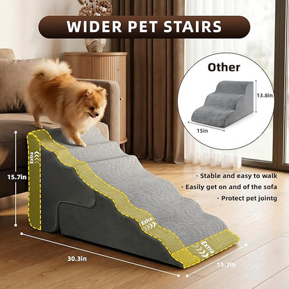 Pet Dog Stairs for Small Dogs, 2 in 1 Transformable 3-Step Pet Stairs and Wave Anti-Fall Slope for Short Legs and Long Legs Dog, for Couch (12-19 in) with Durable Non-Slip Waterproof Cover（Grey）