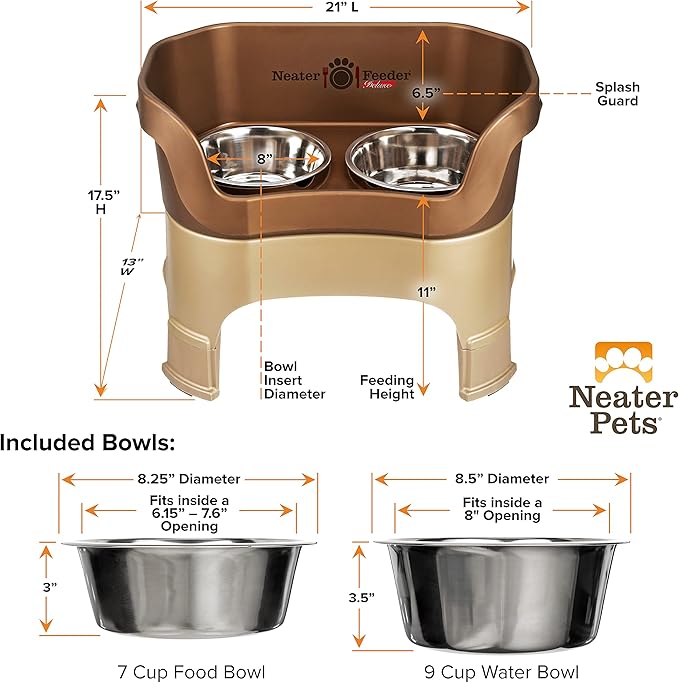 Neater Feeder Deluxe Mess-Proof Elevated Dog Bowls for Large Dogs (40+ lbs), 2 Height Adjustable (14.5” & 17.5”) No-Spill Raised Dog Bowl Stand, Stainless Steel Food Bowl Set, Made in USA, Bronze