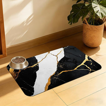 Black Gold Marble Dog and Cat Food Mat, Absorbent Feeding Placemat, Waterproof Non-Skid Rubber Backing, No Stains Pet Supplies – 12x20 Inch