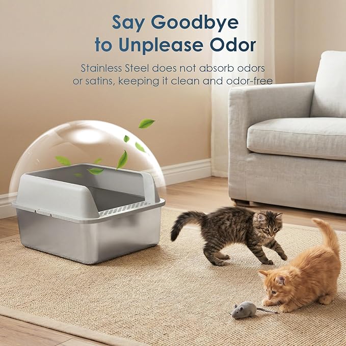 Stainless Steel Litter Box with Lid, 17.3”×13.4”×9" Kitty Litter Box for Kittens & Small Pets, High Sides Metal Cat Litter Box for Leak Proof, Easy to Clean, Non-Stick, Odor Control