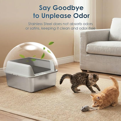 Stainless Steel Litter Box with Lid, 17.3”×13.4”×9" Kitty Litter Box for Kittens & Small Pets, High Sides Metal Cat Litter Box for Leak Proof, Easy to Clean, Non-Stick, Odor Control