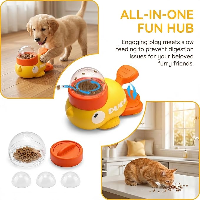 Duck Treat Dispenser Toy for Dog, Cat Treat Dispenser, Interactive Pet Feeder with Pedal, Slow Feeding Puzzle Toy for Dogs and Cats, Food Dispensing Game for Dry Kibble (Yellow)