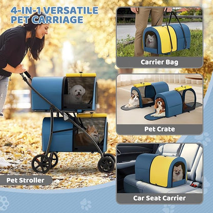 Magshion Double Dog Stroller with 2 Detachable Carrier Bags, 4-Wheel Folding Pet Travel Strolling Cart with Storage Pocket for Small-Medium Dogs & Cats Puppy, Navy Blue/Yellow