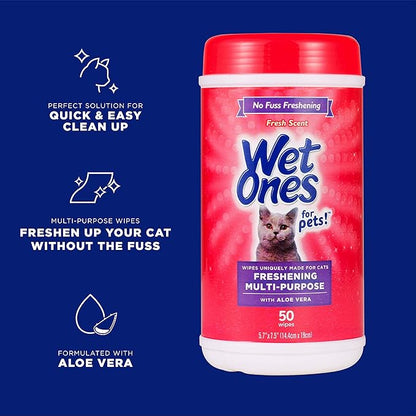 Wet Ones for Pets Freshening Multipurpose Wipes for Cats with Aloe Vera, Fresh Scent - Easy to Use Cat Cleaning Wipes for Pet Grooming in Canister, 50 Count - 12 Pack