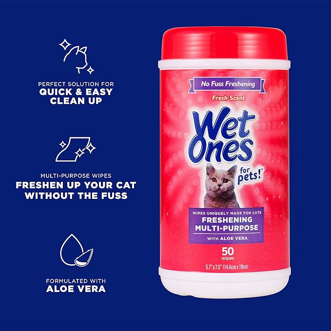 Wet Ones for Cats Freshening Wipes, Multi-Purpose Cat Grooming Wipes with Aloe Vera, Helps Remove Dirt, Odor, and Dander Between Baths, Fresh Scent, 50 Count - 3 Pack