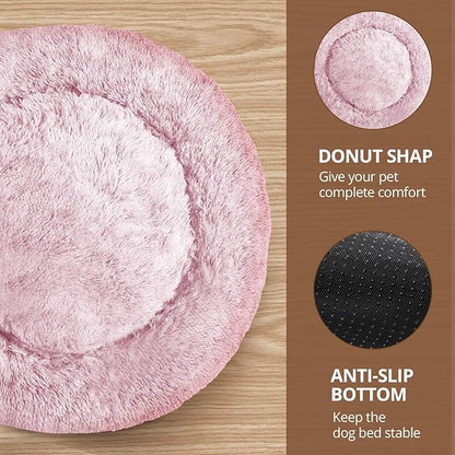 JOLLYVOGUE Calming Dog Bed Medium Size Dog, 31in Donut Washable Medium Pet Bed, Anti-Slip & Anti-Anxiety Fluffy Faux Fur Round Dogs Bed, Fits up to 45 lbs Pets (Smoke Pink)
