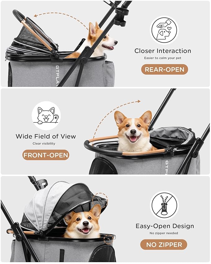 GTPLAYER 3 in 1 Pet Stroller with Removable Carrier, Foldable Stroller for Small/Medium Dogs and Cats, All-Terrain, with Sun Shades, Car Seat, Up to 45 lbs, Grey