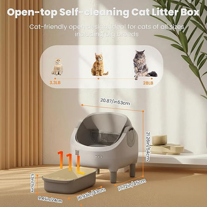 Upgraded Automatic Litter Box with Raised Step, Large Capacity Self Cleaning Litter Box for Multiple Cats with Open Top Design, Safety Protection, Smart App Control, Odor-Free & Health Monitoring