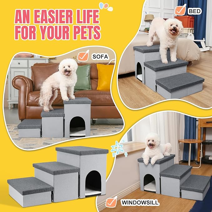 Dog Stairs for High Beds, Folding Pet Steps for Small Dogs and Cats with Storage and Condo, Non-Slip Dog Steps for Couch and Bed up to 22 inches(3 Steps, Grey-Dark Grey)