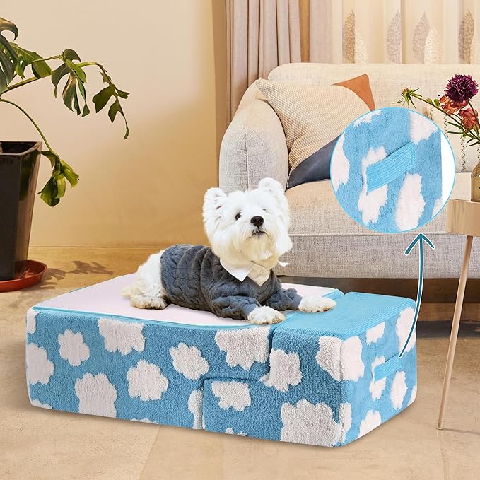 Pet Stairs for Small Dog Stairs for Sofa and Bed High Density Foam Stairs Pet Ladder with Removable Washable Cover Non-Slip Base(4 Steps Blue)