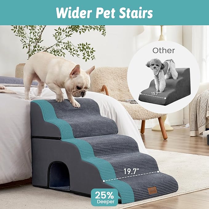 Extra Wide Dog Stairs with Tunnel, Detachable Large Pet Step for Small Medium Dog, Puppy or Cat, Ramp for High Bed, Couch, Sofa or Car, Stable, 19.7x33x22.4 inch, 5 Step, Charcoal Grey