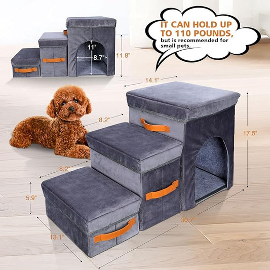 Topmart Foldable Dog Stairs for Bed, 3-Step Pet Stairs with 2 Storage Boxes & Condo for Small, Short-Legged Dogs