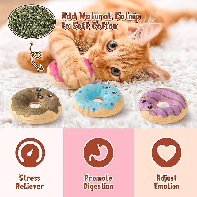 L1rabe Donut Catnip Stuffed Toys - 5Pcs National Pet Day Funny Dessert Organic Cat Toys Pet Supplies, Indoor Cats Chew Bite Teething Tools Kittens Catmint Birthday Gifts Interactive Supplies