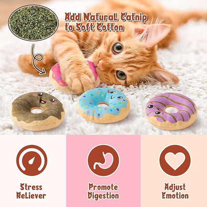 L1rabe Donut Catnip Stuffed Toys - 5Pcs National Pet Day Funny Dessert Organic Cat Toys Pet Supplies, Indoor Cats Chew Bite Teething Tools Kittens Catmint Birthday Gifts Interactive Supplies