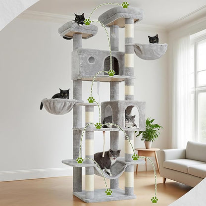 Tall Cat Tree, Large Cat Tower for Adult Cats, 80.7'' (205cm) Heavy-Duty Cat Tree House for Indoor Cats 20 lbs+ with Scratching Posts, 2 Top Perches/Condos, Hammcok, Light Gray GCT034W