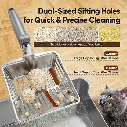 Metal Cat Litter Scoop, Large Cat Scooper with Deep Shovel & Dual Sifting Holes for Fast & Precise Sifting, Space Aluminum Kitty Litter Scooper with Long Handle & Easy-to-Hang Hook - Grey