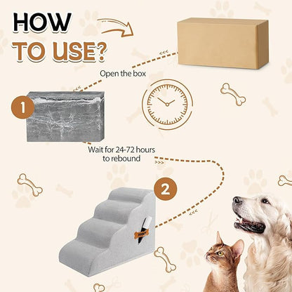 Romrol Dog Stairs Ramp for Beds Couches, Extra Wide Pet Steps with Durable Non-Slip Waterproof Fabric Cover, Dog Slope Stairs for Small Dogs and Cats or Pets Friendly, 4-TiersLight Grey