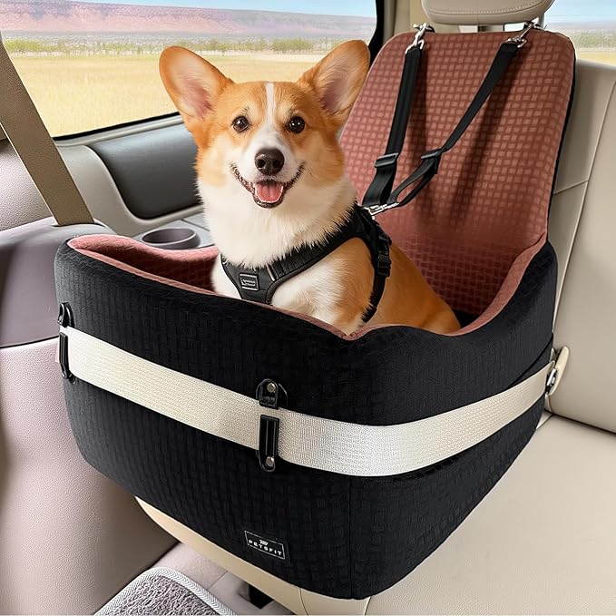 PETSFIT Dog Car Seat for Small/Medium Dogs Up to 35 lbs – Patented Safety System, 6" Memory Foam Pet Booster Car Seat, Fully Detachable and Washable Dog Carseat with 2 Storage Pockets (Black/Brown)