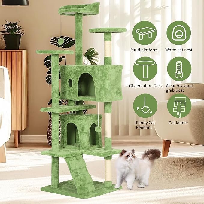 BestPet | 70" Cat Tree Tower | Green | Sturdy, Easy to Assemble, Multi-Level Activity Center with Sisal Scratching Posts, Condos, Perches, Hanging Cat Toys, Observation Decks & Ladder