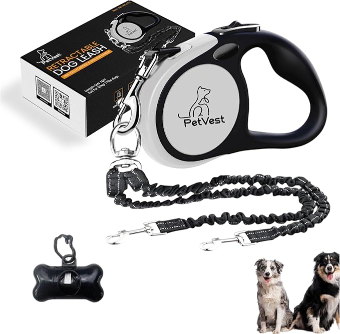 Dual Retractable Dog Leash – 16 FT Tangle-Free Leash for 2 Dogs, Detachable for Single Use, One-Button Brake & Lock, Up to 77 lbs Each, 360° Swivel, Non-Slip Handle + Poop Bag Holder