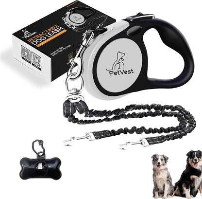 Dual Retractable Dog Leash – 16 FT Tangle-Free Leash for 2 Dogs, Detachable for Single Use, One-Button Brake & Lock, Up to 77 lbs Each, 360° Swivel, Non-Slip Handle + Poop Bag Holder