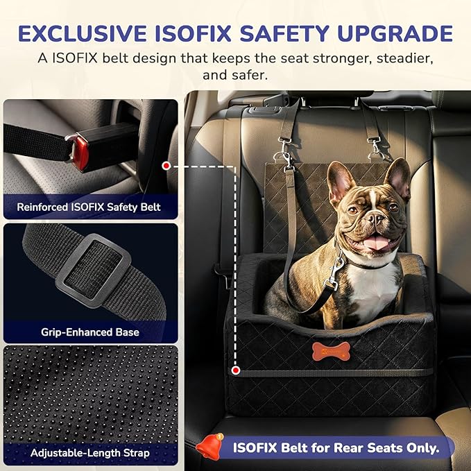 Dog Car Seat for Small Medium Dogs, 6" Elevated Dog Booster Seat with ISOFIX Safety Fixation, Washable Cover & High Density Memory Foam, Portable for Car Front/Rear/Trunk Home Outdoor Use (Jet Black)