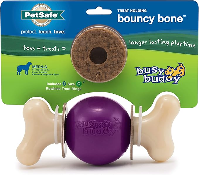 PetSafe Busy Buddy Bouncy Bone - 3-in-1 Adjustable Slow Feeder Toy with Refillable Treat Rings - Cleans Teeth & Gums, Cures Boredom & Slows Down Eating Habits - Medium/Large - for Dogs 50-90 lb